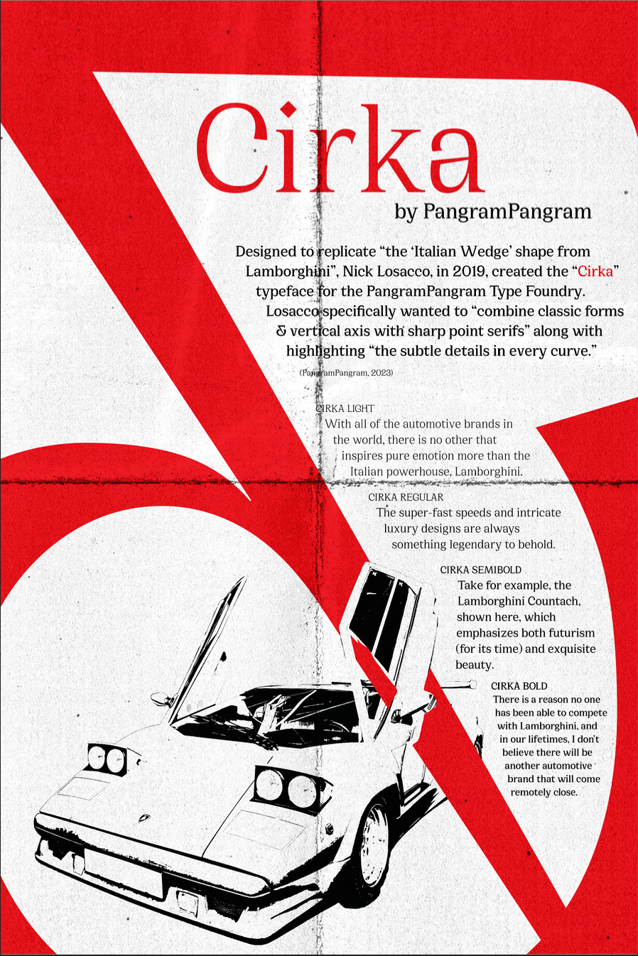 a type specimen poster of the typeface 'Cirka' with red accents