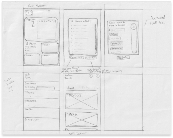  low fidelity wireframes of different screens