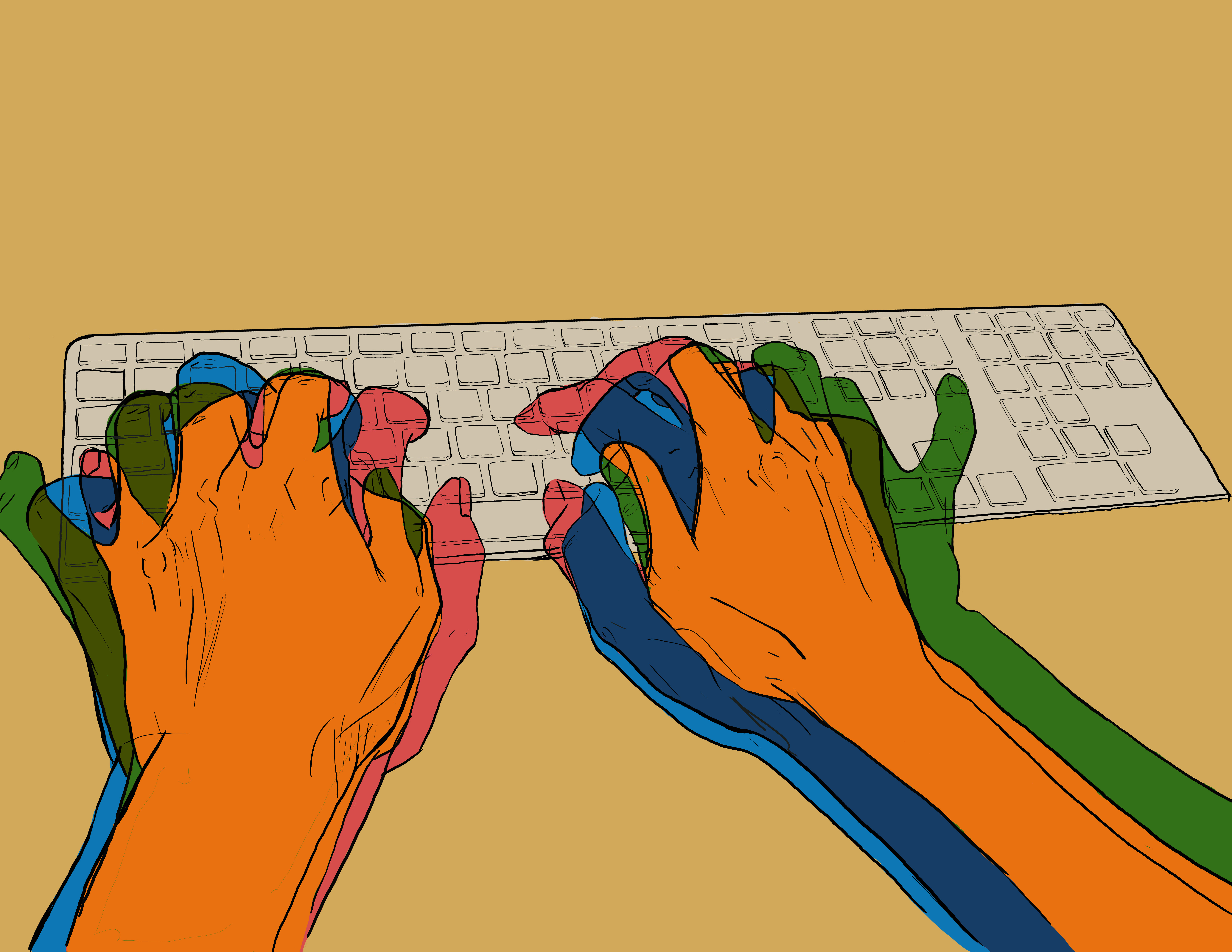 Drawing of hands of different  colours typing at a keyboard