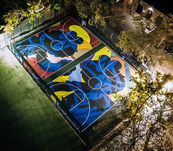 Colorful basketball court bird eye's view