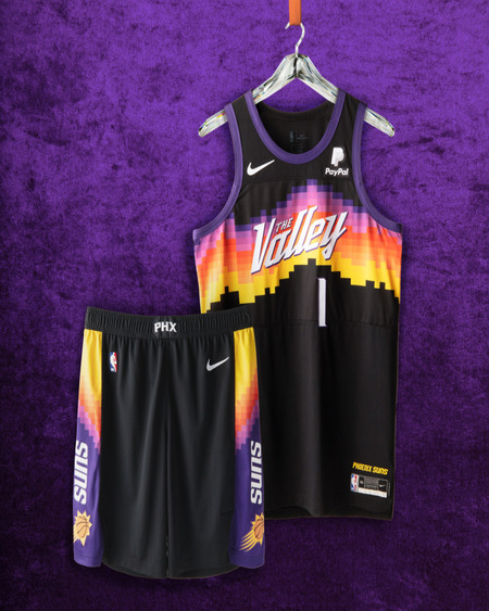 Pheonix Suns jersey front and back over purple background