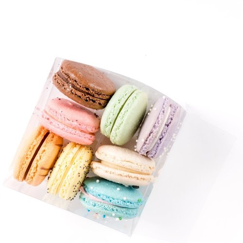 A box of colorful macarons