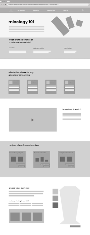 prototype image of a redesign wireframe of mixology page of drunk elephant (made by me, but inspired by teammate's wireframe) in drunk elephant page next to the Prototype-wireframing context.