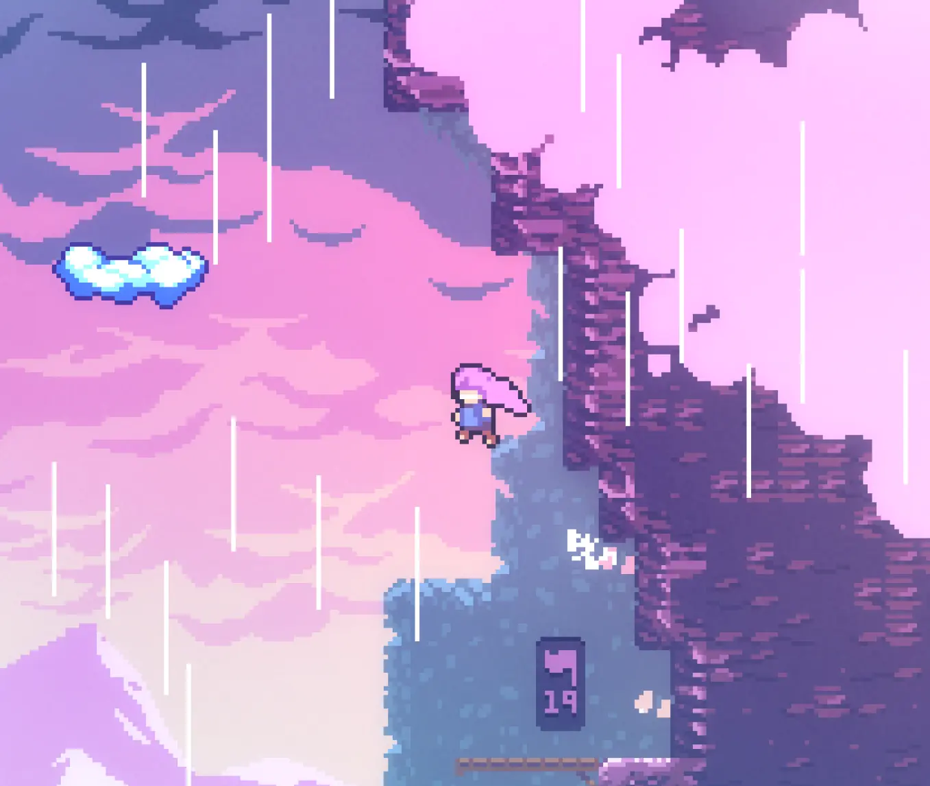 Pink pixel-art of a girl jumping mid-air among clouds