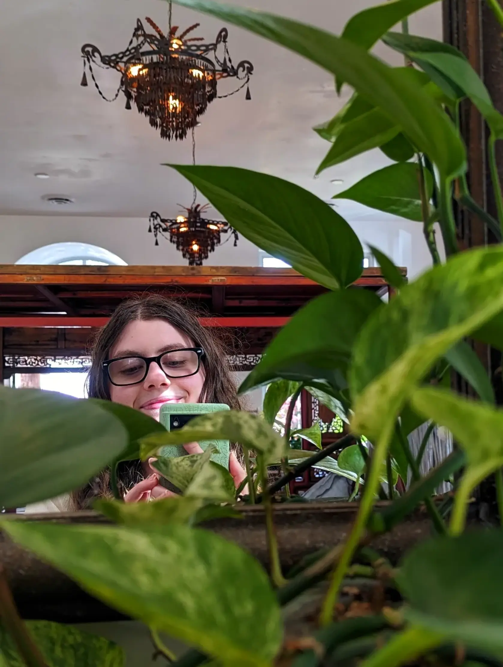 A mirror selfie with plants in the foreground