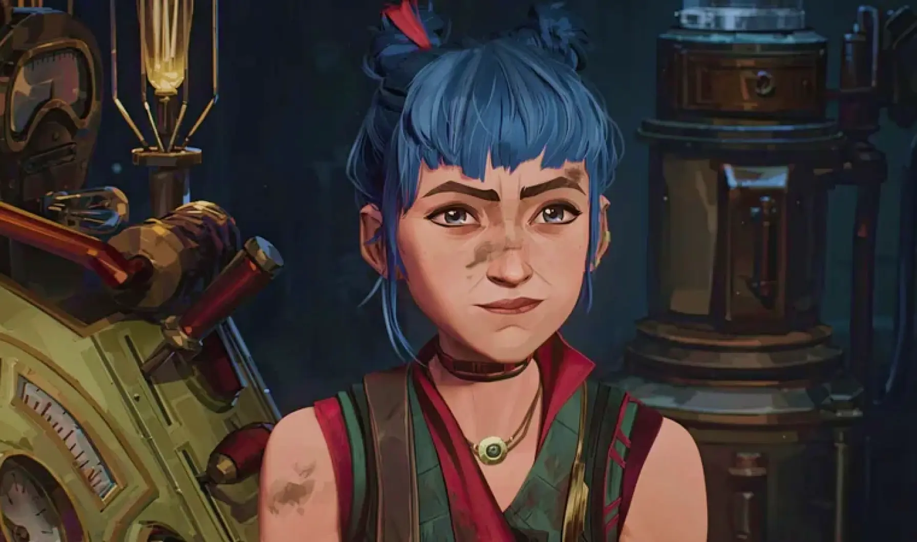 Drawing of a girl with blue hair in two buns smiling