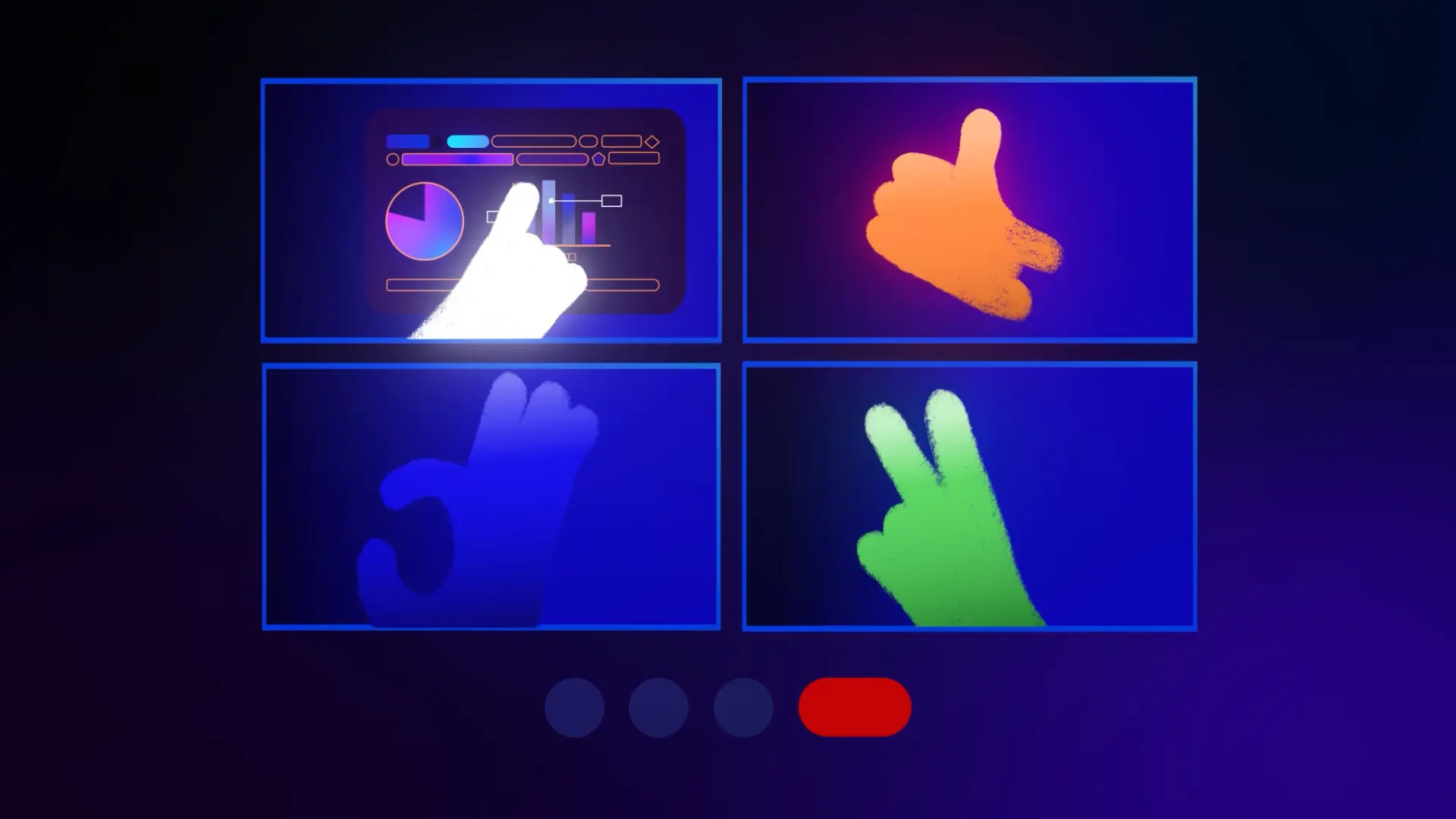 An online video call room. One hand presents a graph to other hands.