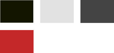 A colour palette of containing off black, off white, and dark reds