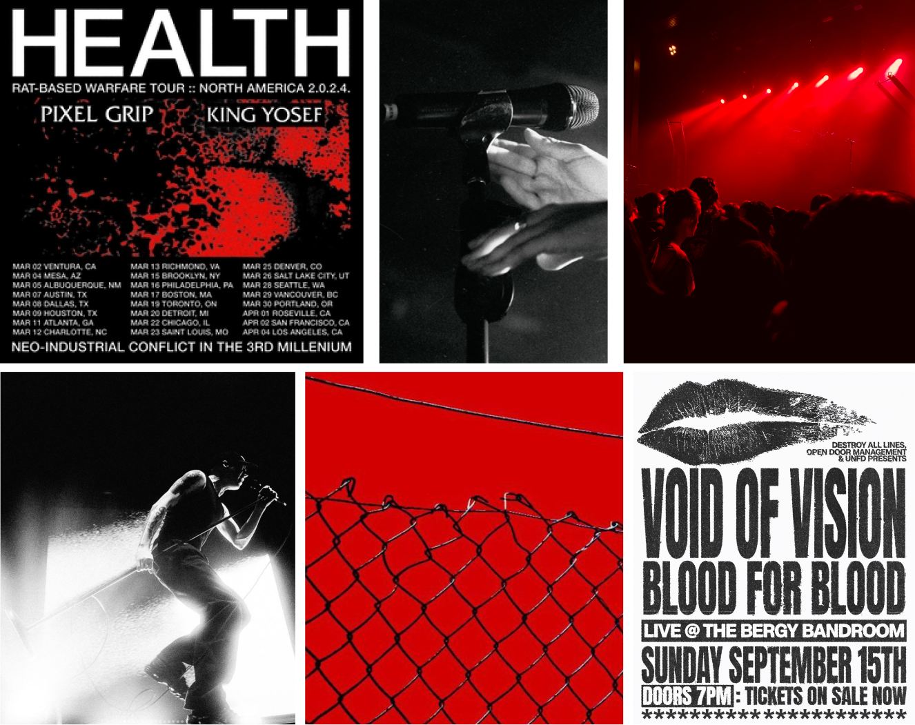 Monochorme or red imagery consisting of concert posters and photography