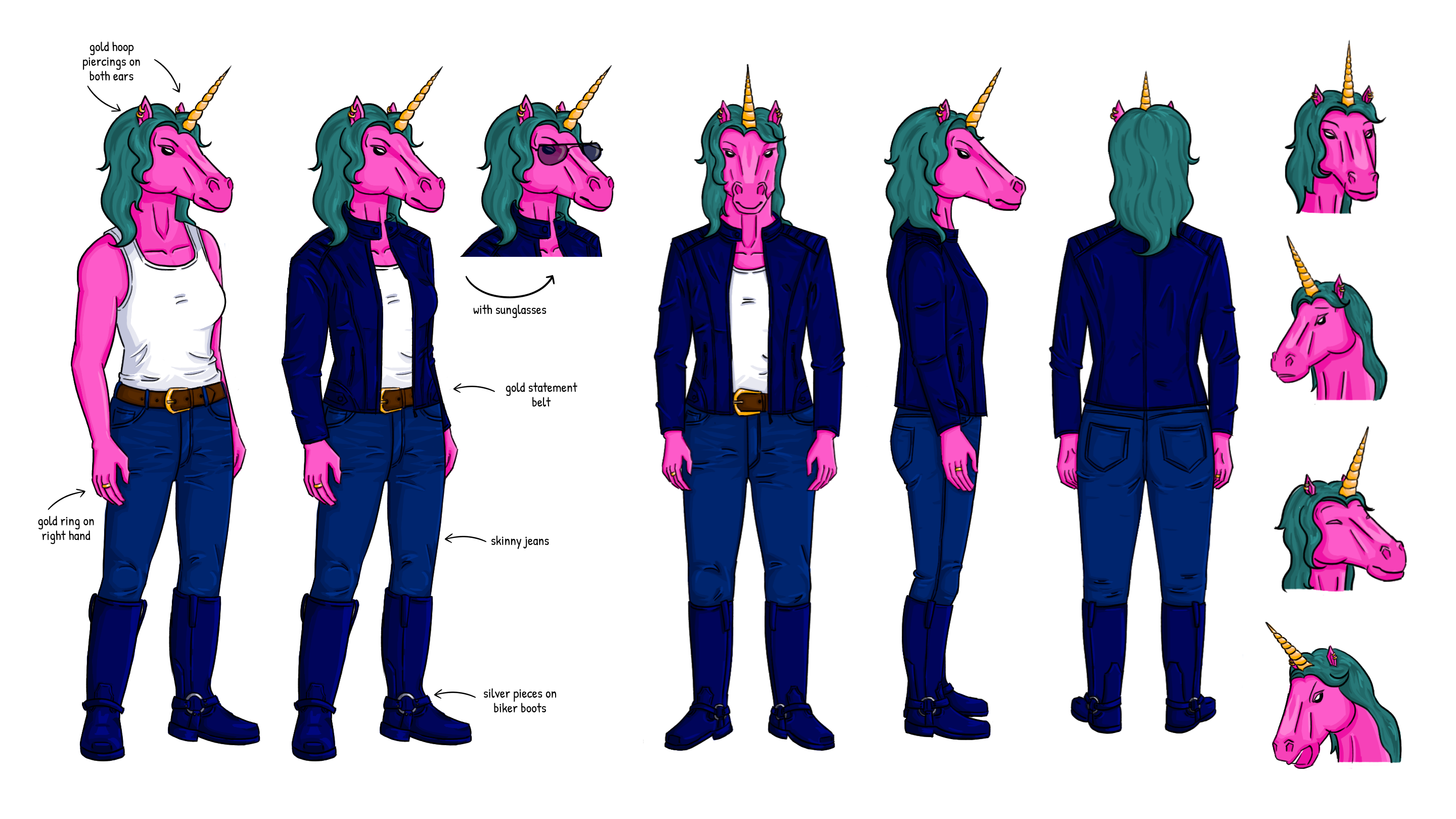 bi ped female character design sheet for Monoceros Finance