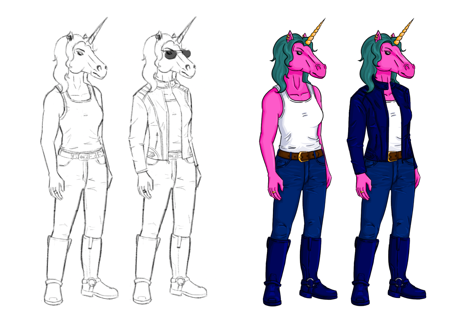 initial sketch and final 3 quarters view of bi ped female character