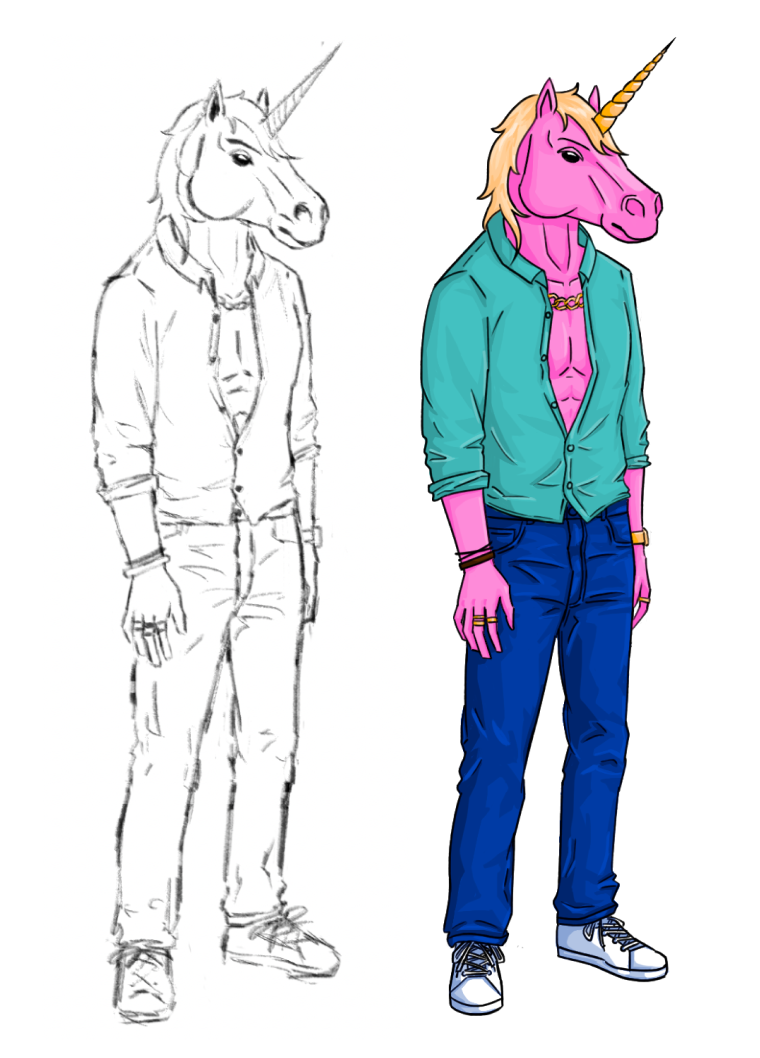 initial sketch and final 3 quarters view of bi ped male character