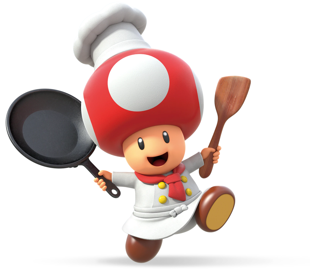 A mushroom character holding a frying pan and a spatula