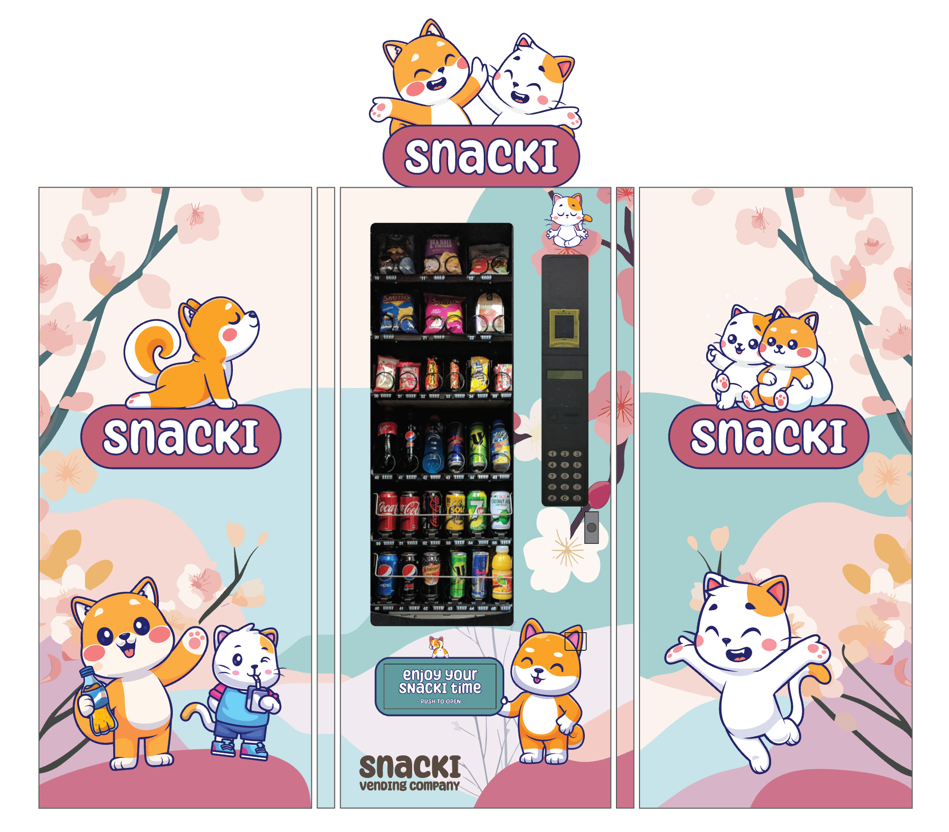 Vending machine graphics with a dog and cat mascot