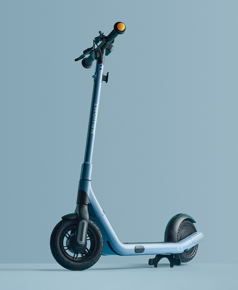 a blue electric scooter with black handle and wheels