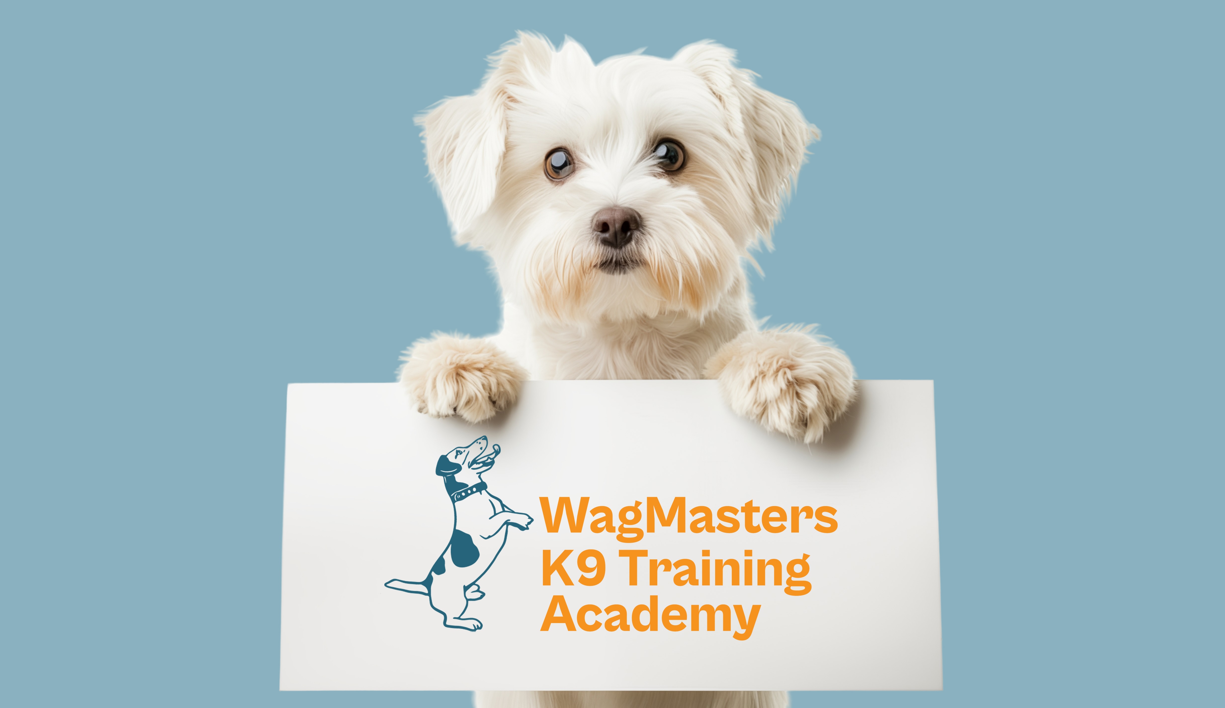 A white puppy against holding WagMasters K9 Training Academy logo on a sign