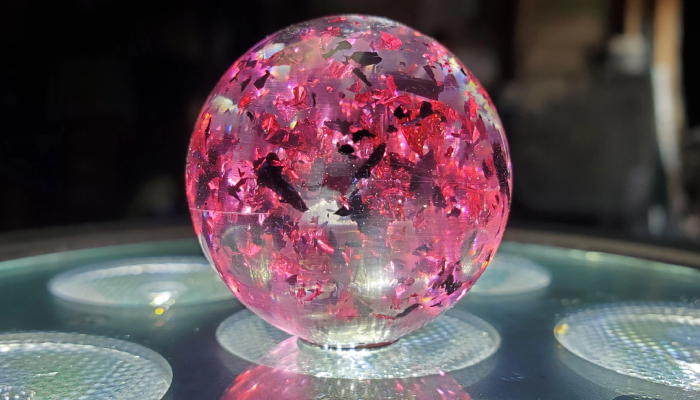 Custom resin balltop with pink & silver foil.