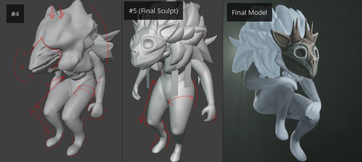 Sculpt iterations 4 and 5 of the Makobii & the final model.