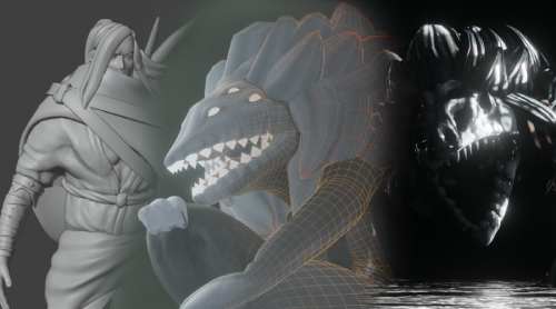 Collage of the Toyen, Makobii and Monster models at different process stages.