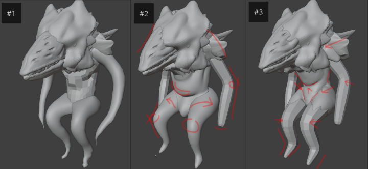 Sculpt iterations 1 through 3 of the Makobii, with changes marked.