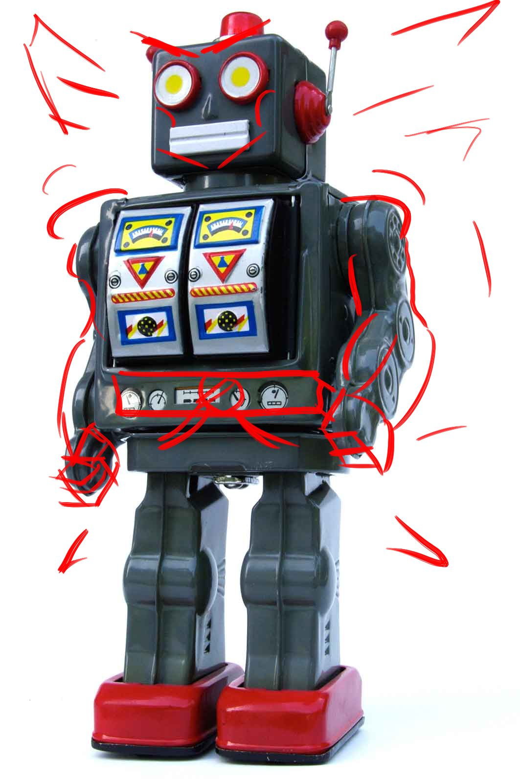 Evil toy robot image, linking to a wikipedia list of science fiction horror films.