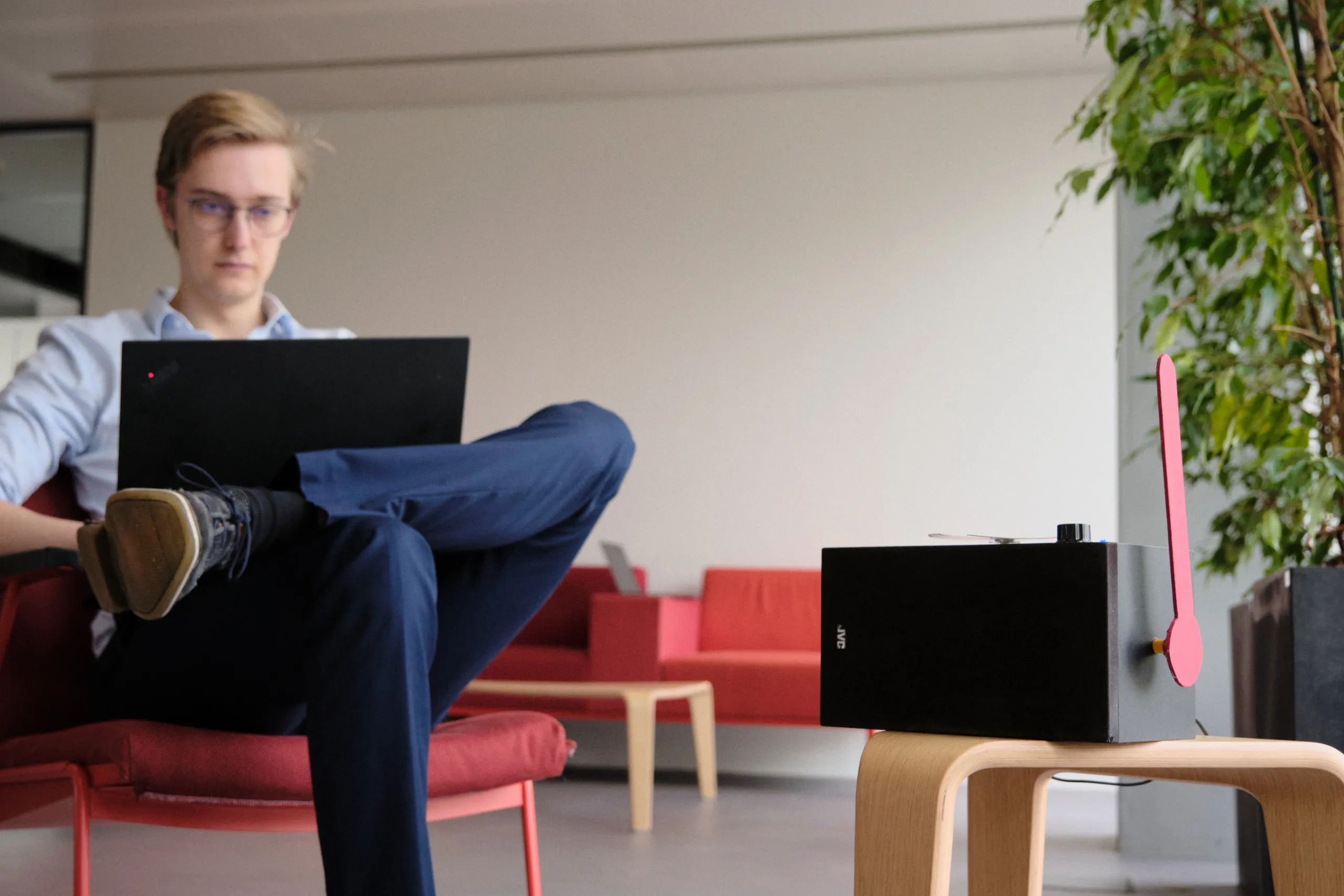 A student studying with the Serendipity speaker