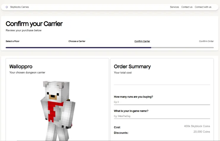 Image of the checkout page for Skyblock Carries