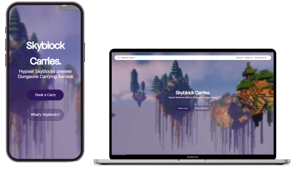 A laptop and phone showcasing the Skyblock Carries website