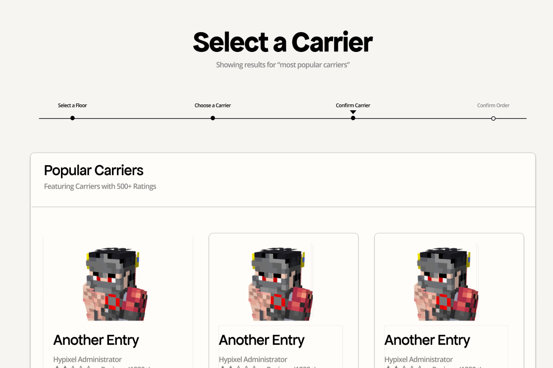 An image of the carriers page, containing a prototype user timeline