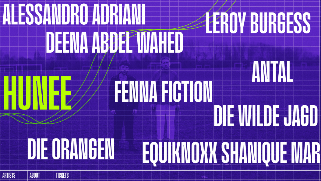 purple landing page with the artist's names