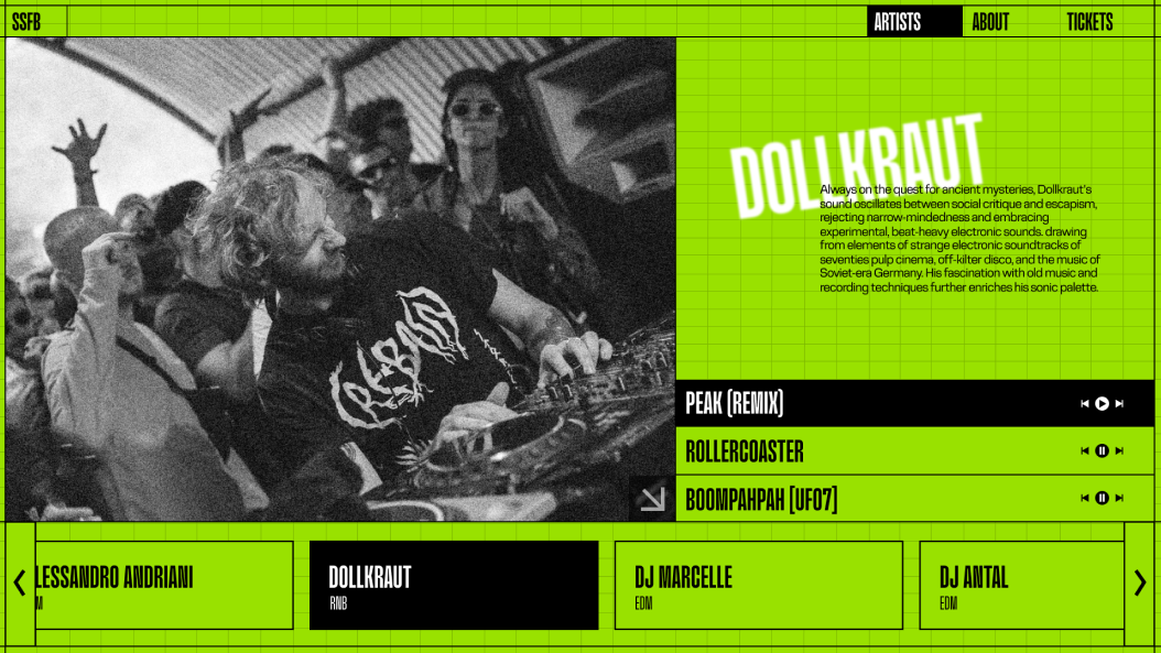 simple green version of the microsite's artist page