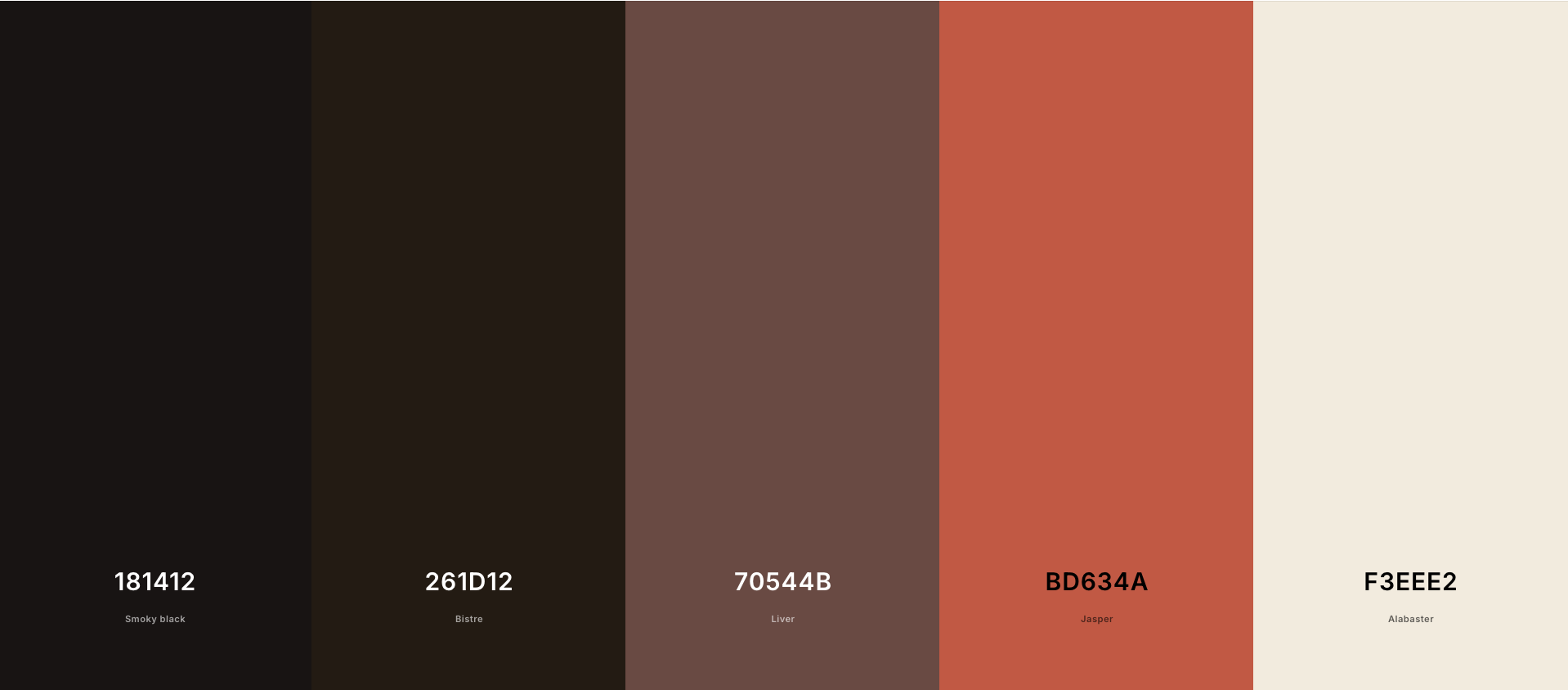 Colour palette of shades of brown and one burnt orange accent colour