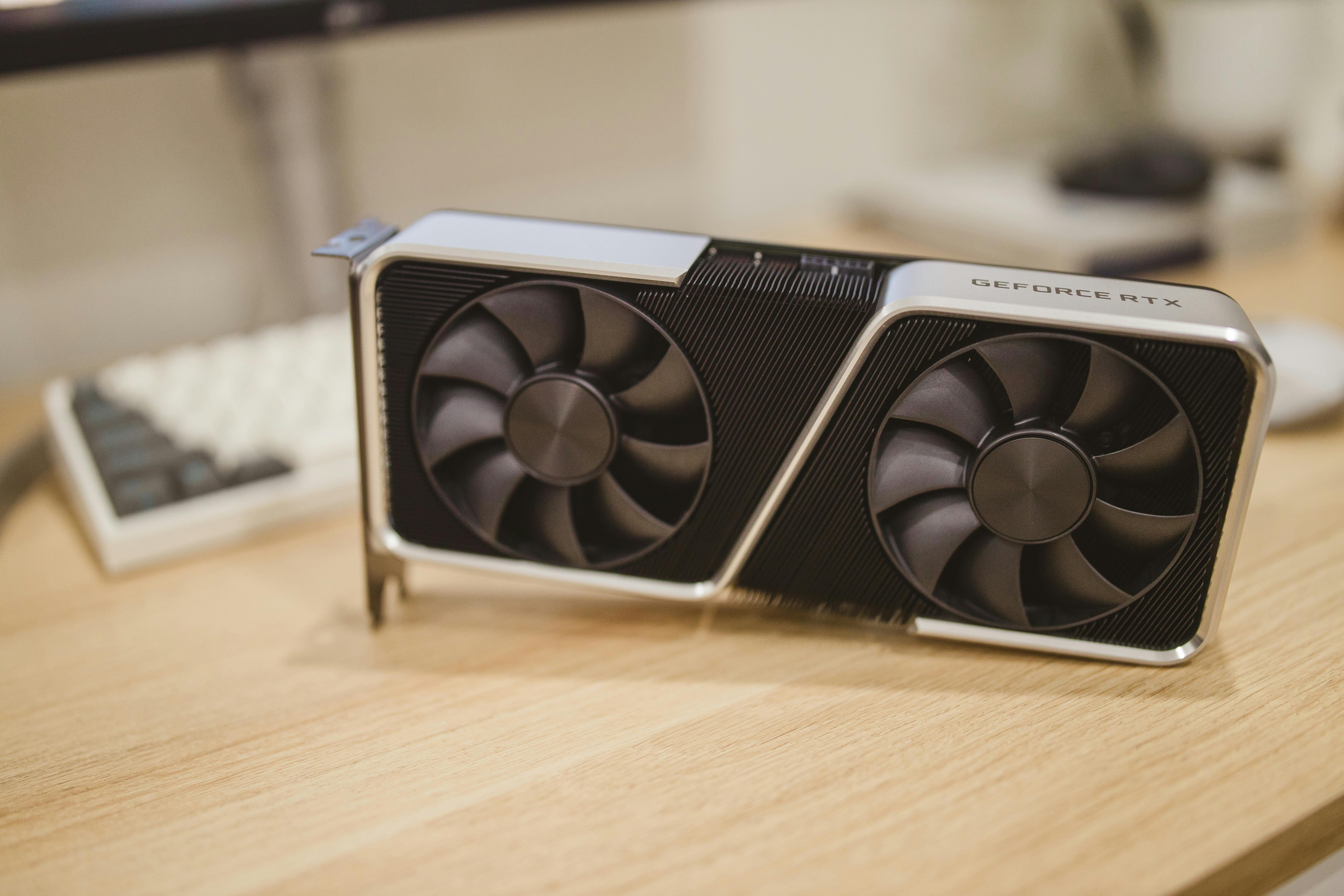 A graphic card on a wooden table