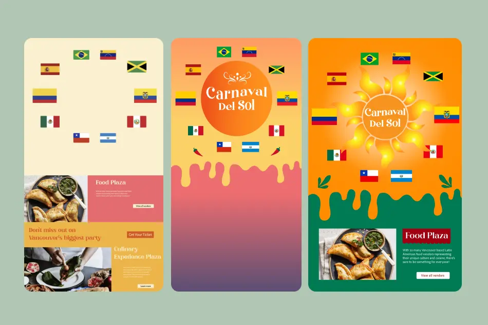 Image of three iterations of the CarnavalDelSol web page