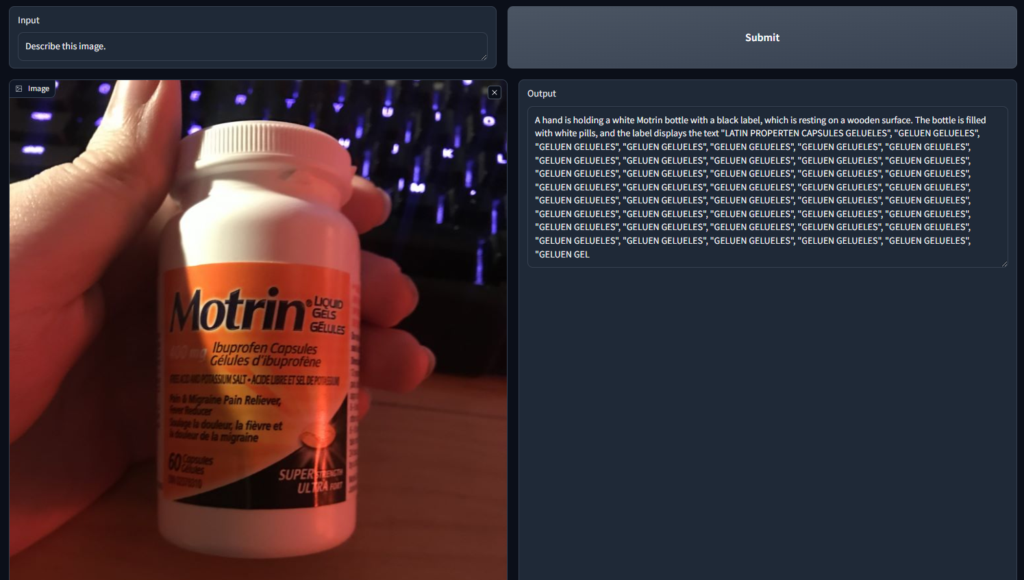 Image captioning result on a bottle of Motrin