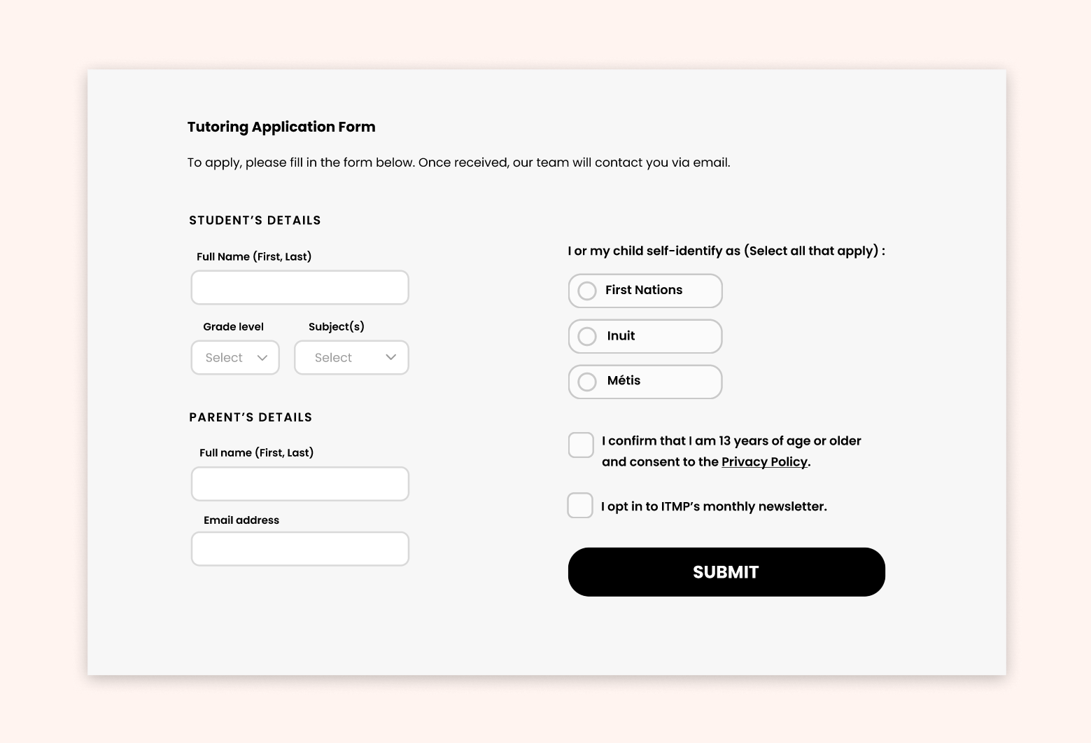 ITMP's tutoring application form