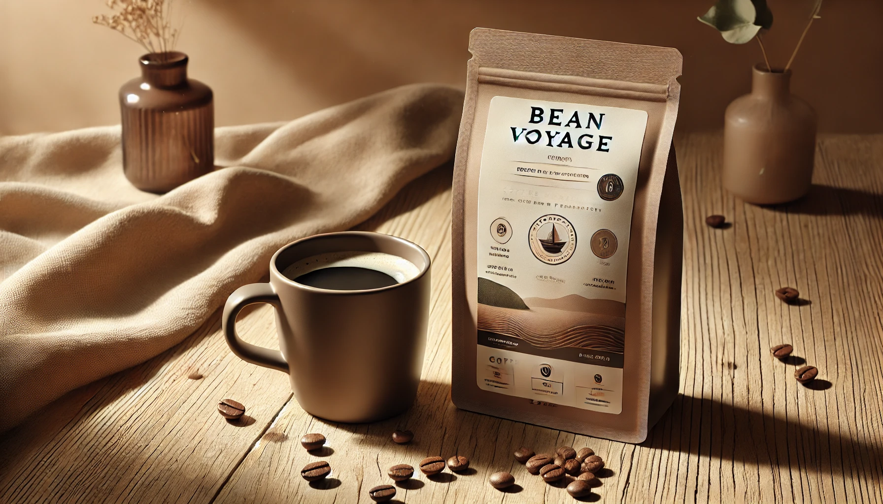 Bean Voyage coffee bag and cup on a wooden table.