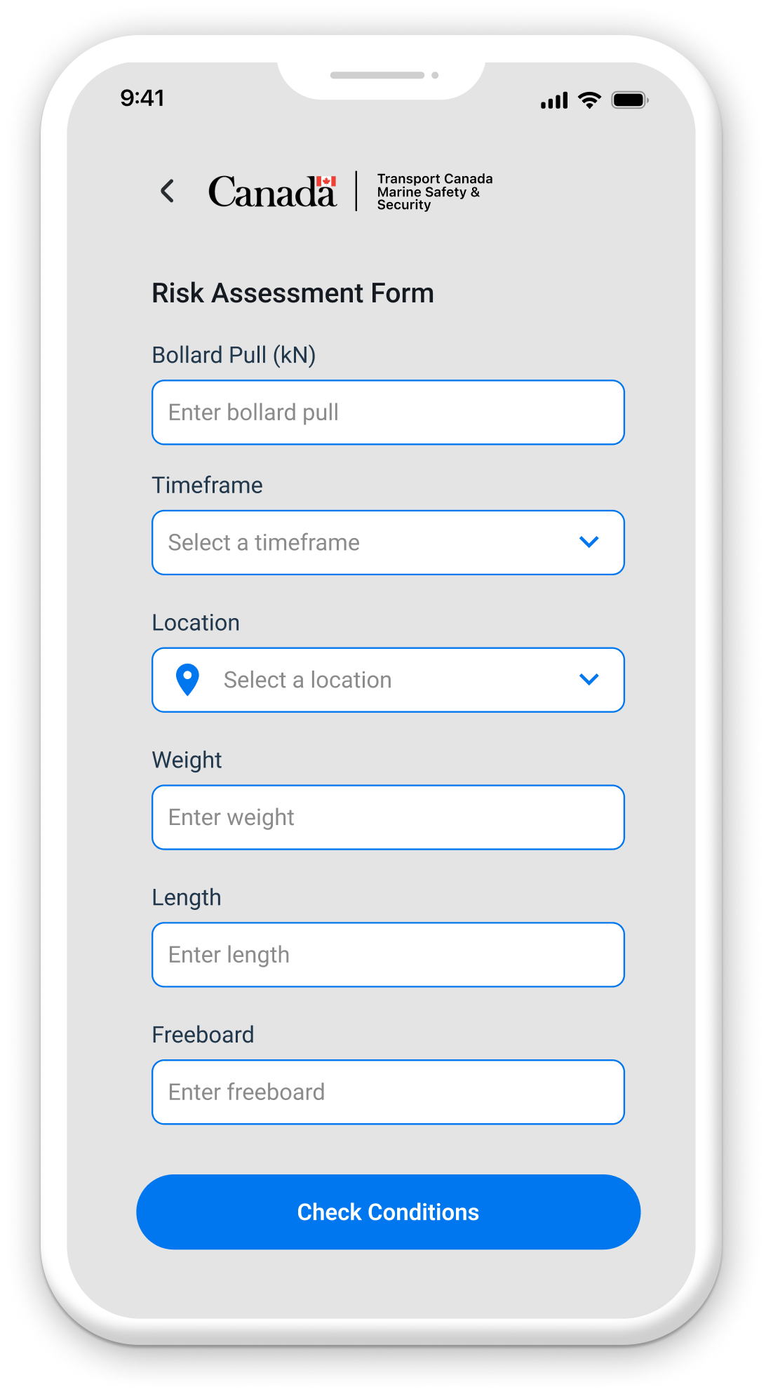 Mockup of transport canada tugboat risk advisor app screen 3