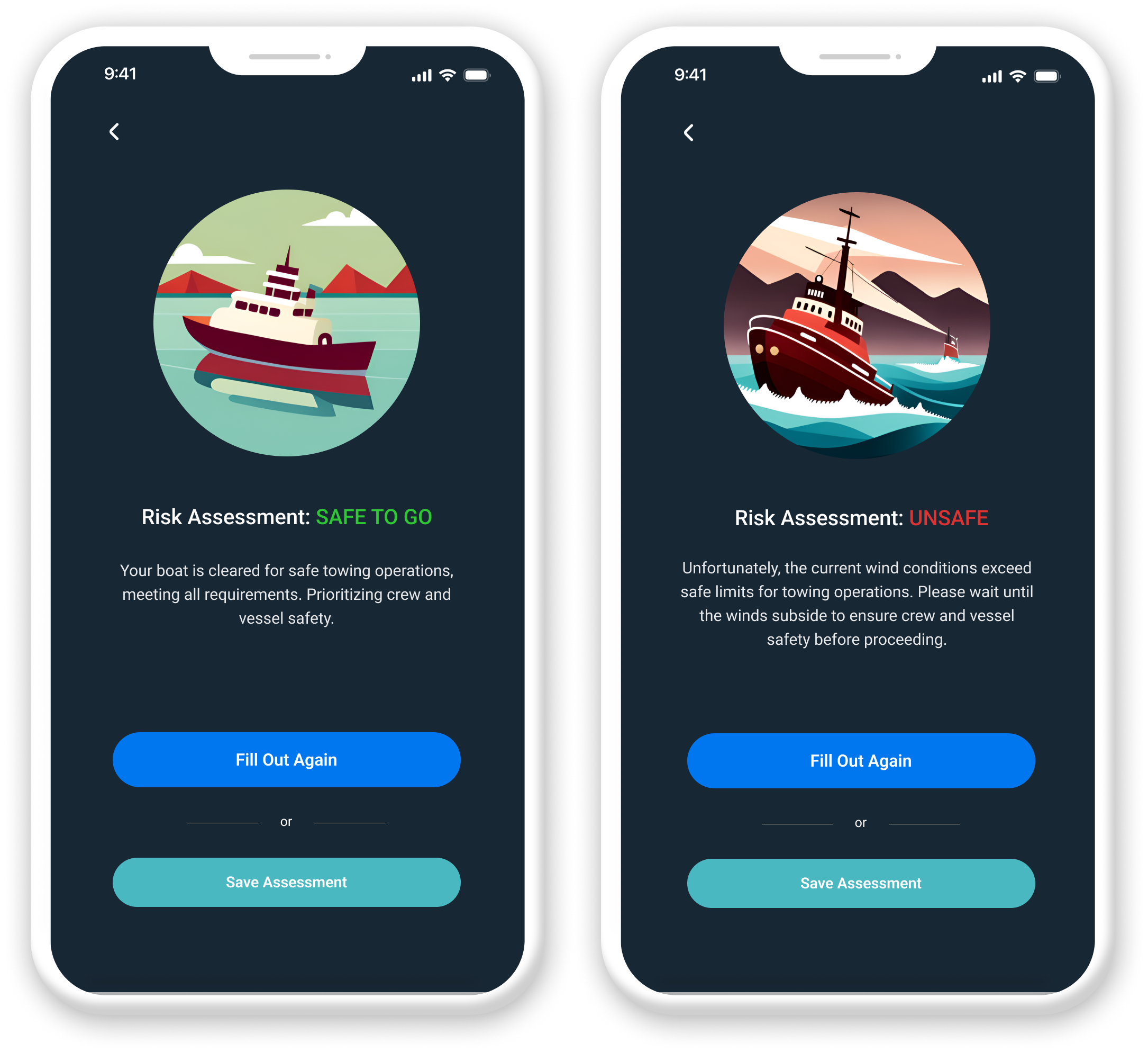 Mockup of transport canada tugboat risk advisor app screens 4 and 5