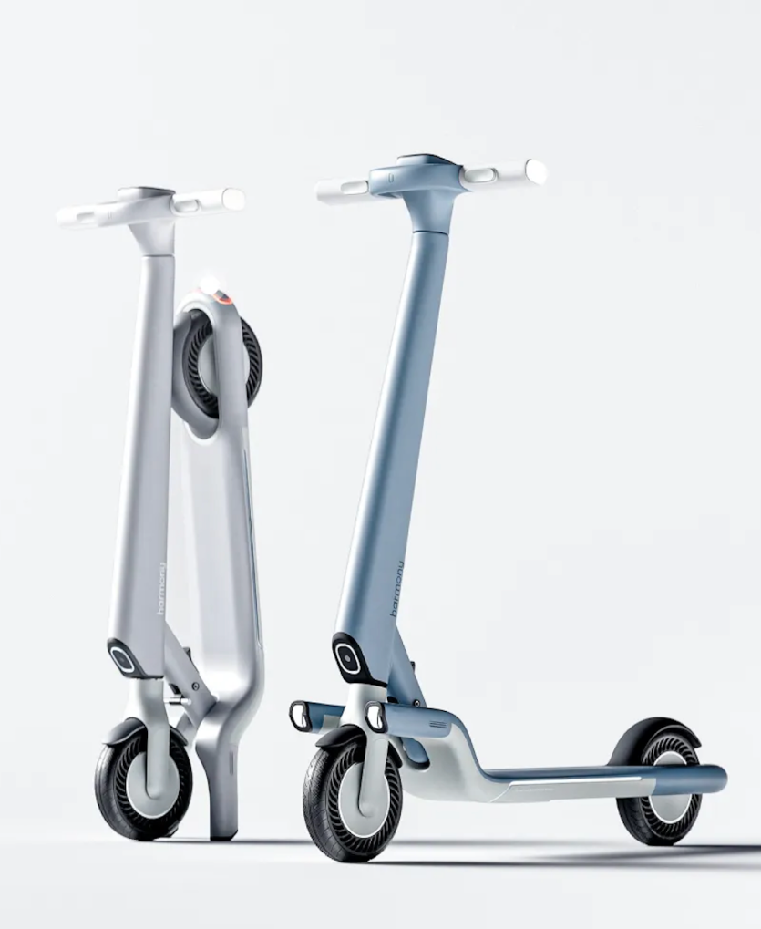 one silver electric scooter and one blue electric scooter