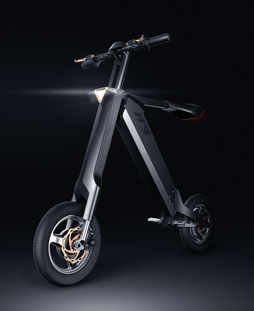 a black electric scooter with gold decoration around the wheel