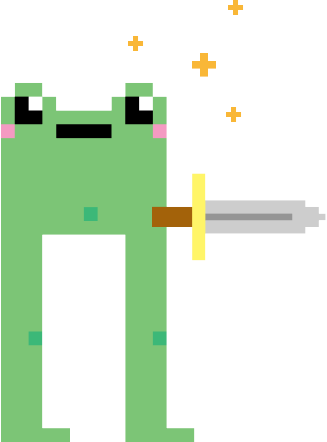 A pixelated frog holding a sword