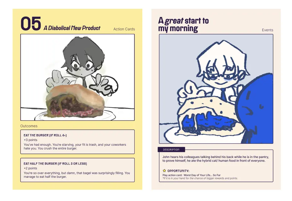 The artstyle for the first two iterations of the same card featuring John eating a cursed hamburger