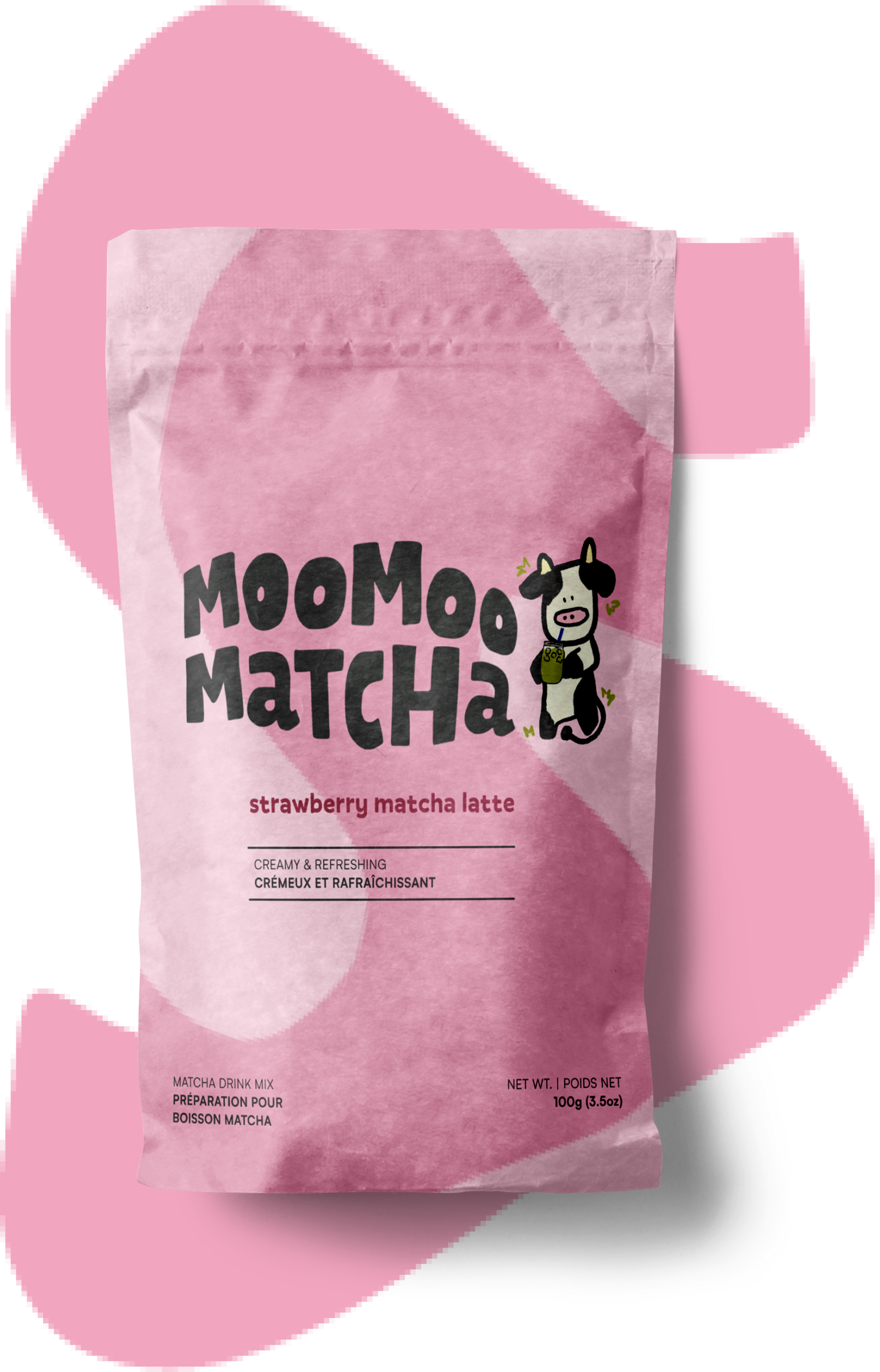 product image for the strawberry matcha powder with light pink letter S in the background