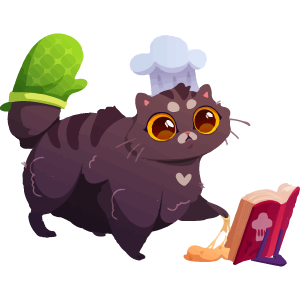 A fluffy dark grey cat wearing a chef hat, and an oven mitt on his tail, reading a cook book