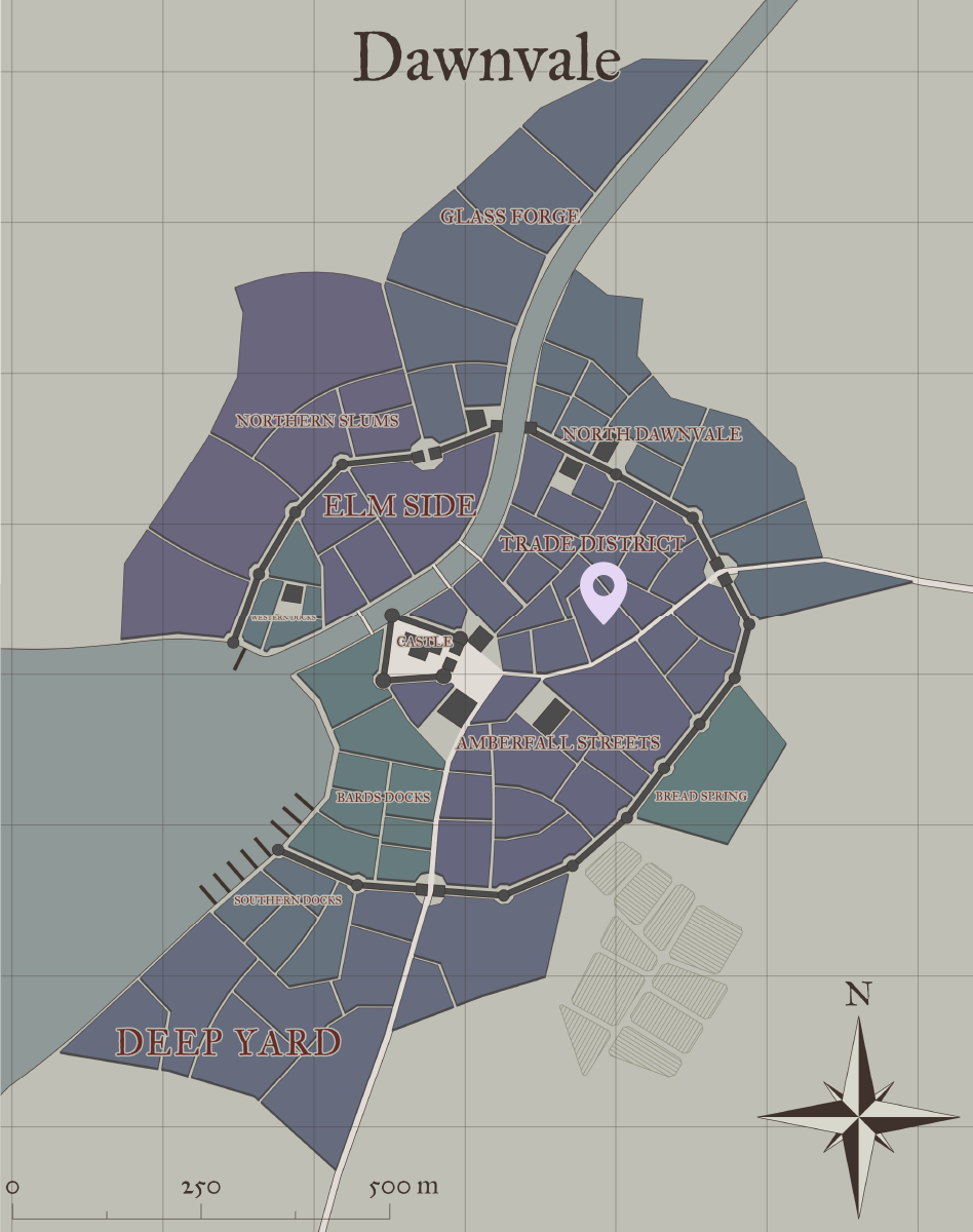 A map of the City of Dawnvale, with a location pin in the Trade District