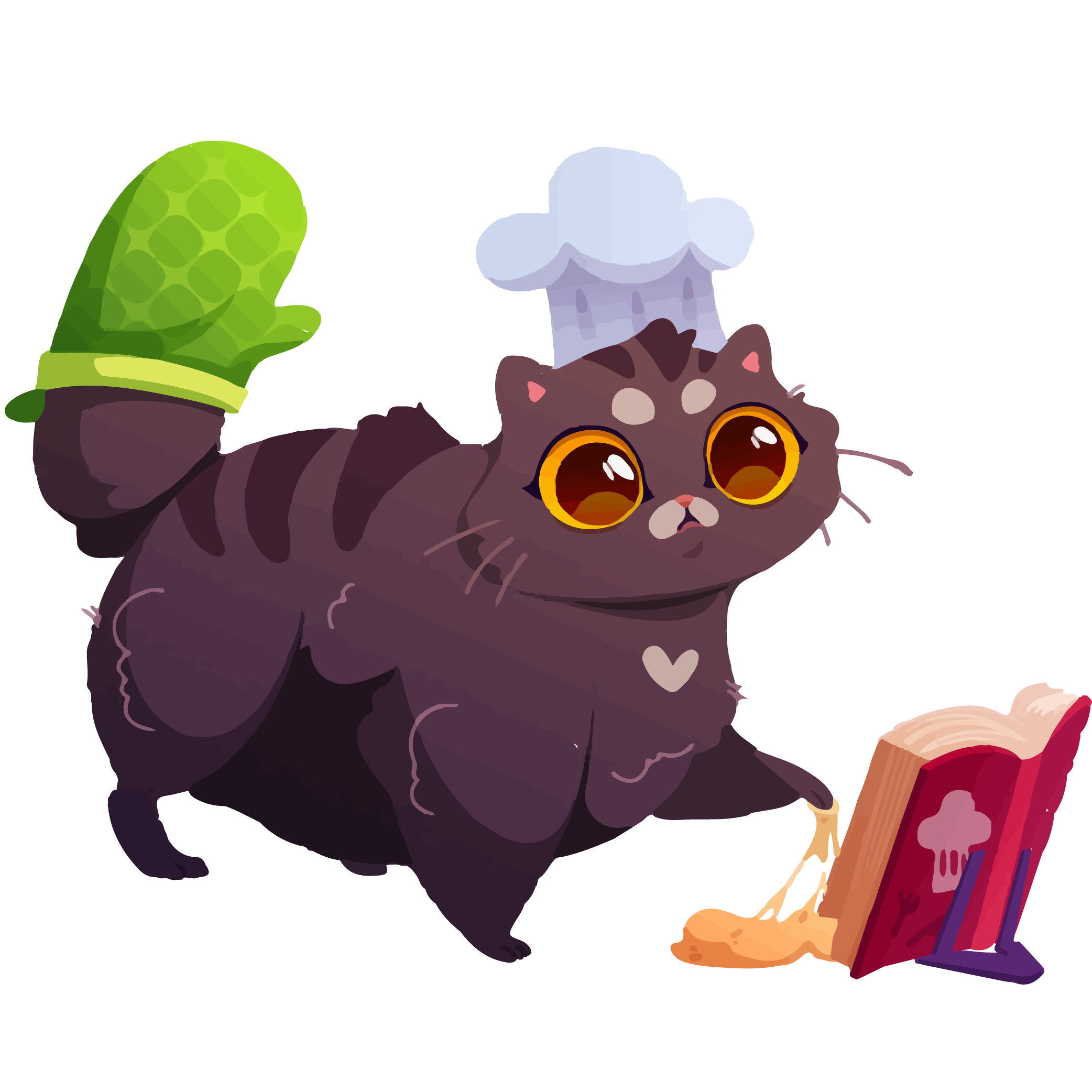 a fluffy dark grey cat wearing a chef hat on his head and an oven mitt on his tail, reading a cook book