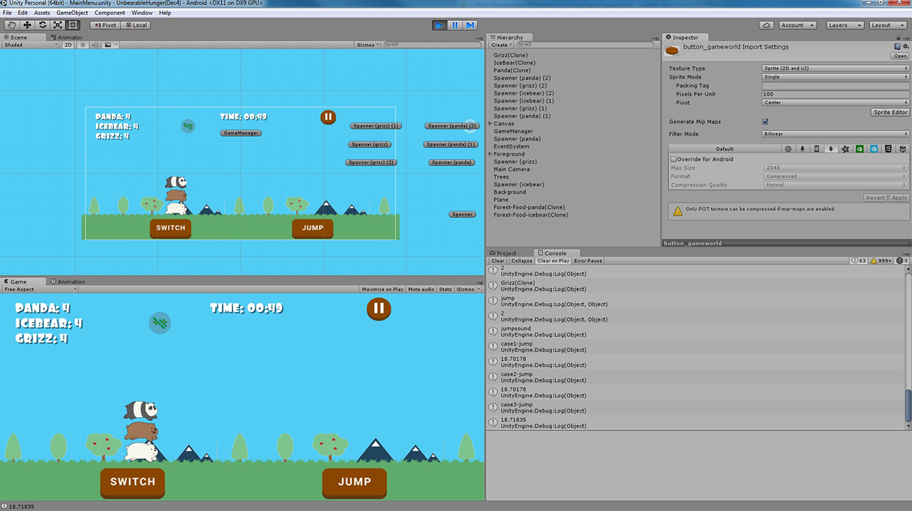 Unity screen of the game being built
