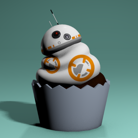 A BB8 Cupcake in front of a teal background