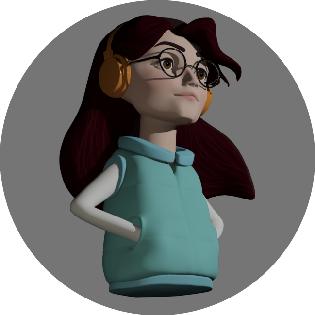 A 3D model of Ioana Sandor wearing orange headphones, round glasses, and a teal vest